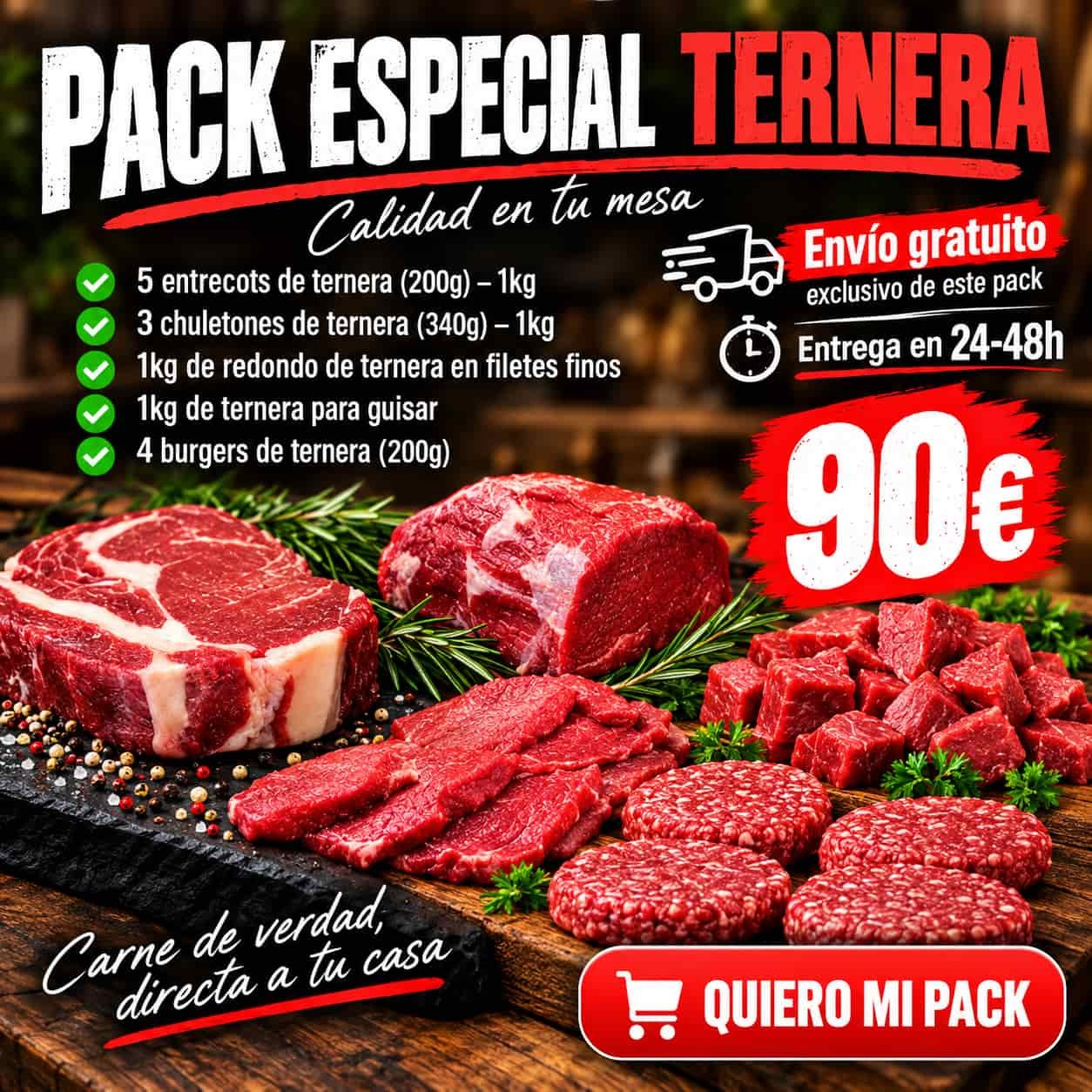 Pack de carne de ternera con entrecots, chuletones, filetes, carne para guisar y hamburguesas